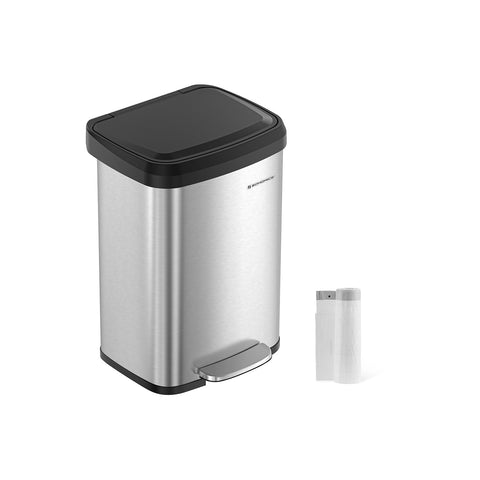 Rootz 50L Trash Can with Lid - Garbage Bin - Waste Basket - Steel and PP Plastic - Hands-Free Operation - Odor Control - Space-Saving Design - 40.4cm x 32.1cm x 58.6cm - Silver-Black - Includes 15 Gauze Bags