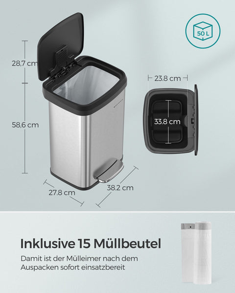 Rootz 50L Trash Can with Lid - Garbage Bin - Waste Basket - Steel and PP Plastic - Hands-Free Operation - Odor Control - Space-Saving Design - 40.4cm x 32.1cm x 58.6cm - Silver-Black - Includes 15 Gauze Bags