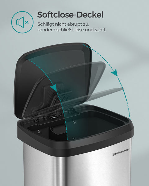 Rootz 50L Trash Can with Lid - Garbage Bin - Waste Basket - Steel and PP Plastic - Hands-Free Operation - Odor Control - Space-Saving Design - 40.4cm x 32.1cm x 58.6cm - Silver-Black - Includes 15 Gauze Bags