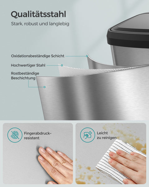 Rootz 50L Trash Can with Lid - Garbage Bin - Waste Basket - Steel and PP Plastic - Hands-Free Operation - Odor Control - Space-Saving Design - 40.4cm x 32.1cm x 58.6cm - Silver-Black - Includes 15 Gauze Bags