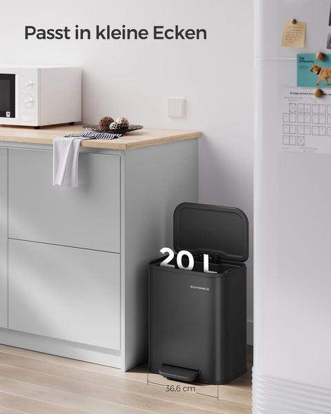 Rootz Steel Trash Can with Lid - Waste Bin - Garbage Can - 20 Liters Capacity - 36.6cm x 30cm x 42.5cm - Ink Black - 3.8kg