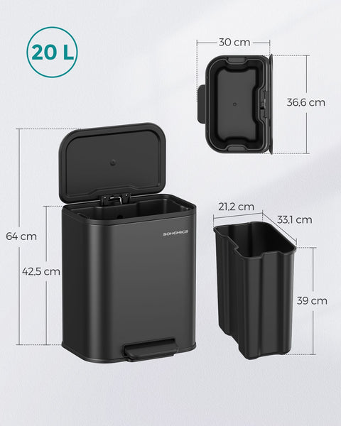 Rootz Steel Trash Can with Lid - Waste Bin - Garbage Can - 20 Liters Capacity - 36.6cm x 30cm x 42.5cm - Ink Black - 3.8kg