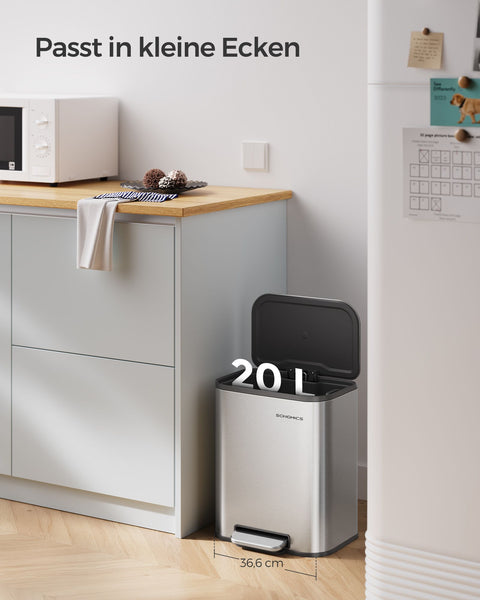 Rootz Metal Trash Can with Lid - Waste Bin - Garbage Can - Steel & PP Plastic - 36.6cm x 30cm x 42.5cm - 20L Capacity - 3.8kg