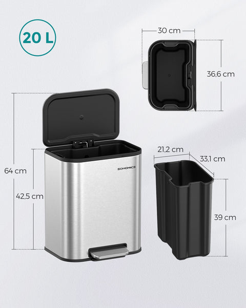 Rootz Metal Trash Can with Lid - Waste Bin - Garbage Can - Steel & PP Plastic - 36.6cm x 30cm x 42.5cm - 20L Capacity - 3.8kg