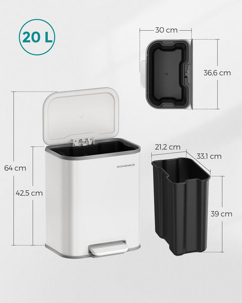 Rootz White Trash Can - Waste Bin - Garbage Bin - Steel & PP Plastic - 36.6cm x 30cm x 42.5cm - 20L Capacity. Perfect for Home or Office.