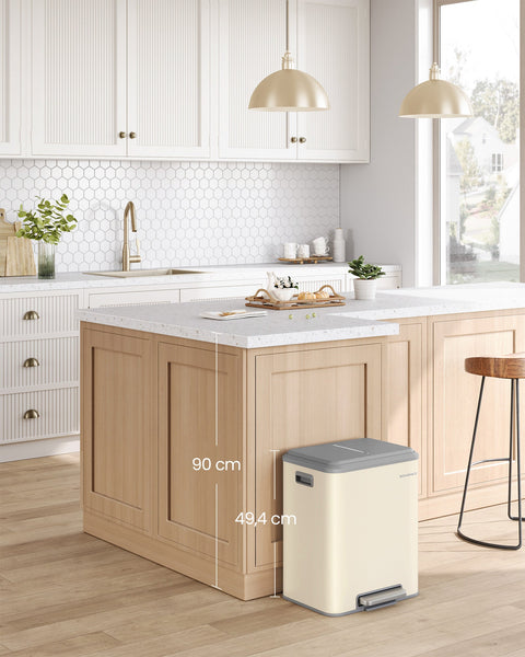 Rootz Dual Compartment Trash Can - Recycling Bin - Steel Construction - Sand Beige - 41.7cm x 33.2cm x 49.4cm - 2 x 15L Capacity