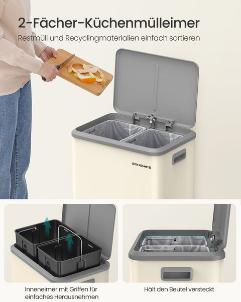 Rootz Dual Compartment Trash Can - Recycling Bin - Steel Construction - Sand Beige - 41.7cm x 33.2cm x 49.4cm - 2 x 15L Capacity