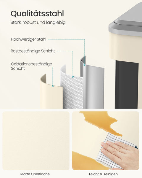 Rootz Dual Compartment Trash Can - Recycling Bin - Steel Construction - Sand Beige - 41.7cm x 33.2cm x 49.4cm - 2 x 15L Capacity