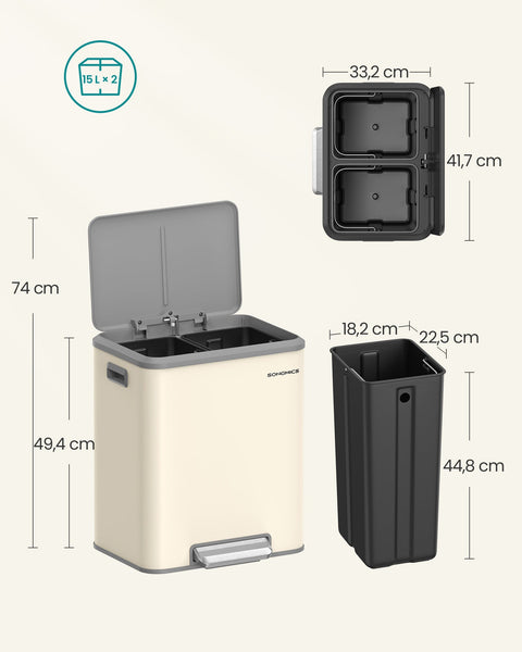 Rootz Dual Compartment Trash Can - Recycling Bin - Steel Construction - Sand Beige - 41.7cm x 33.2cm x 49.4cm - 2 x 15L Capacity