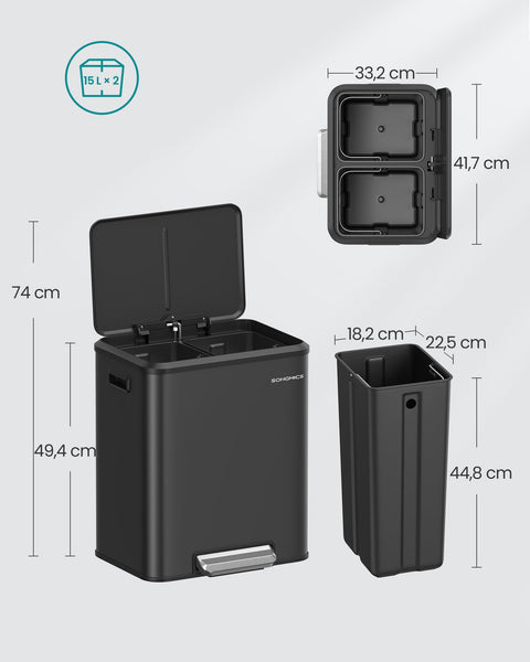 Rootz Ink Black Steel Trash Can - Pedal Bin - Waste Bin - 30L Capacity - 41.7cm x 33.2cm x 49.4cm