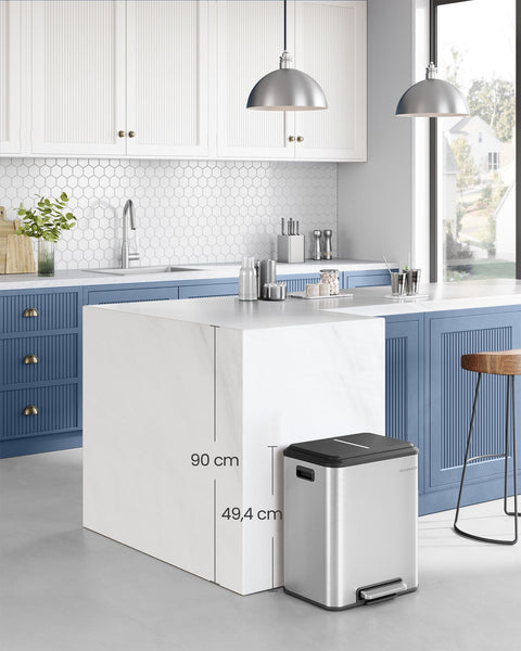 Rootz Steel Trash Can - Kitchen Bin - Garbage Bin - Steel Construction - 41.7cm x 33.2cm x 49.4cm - Metallic Silver - 2 x 15L Capacity