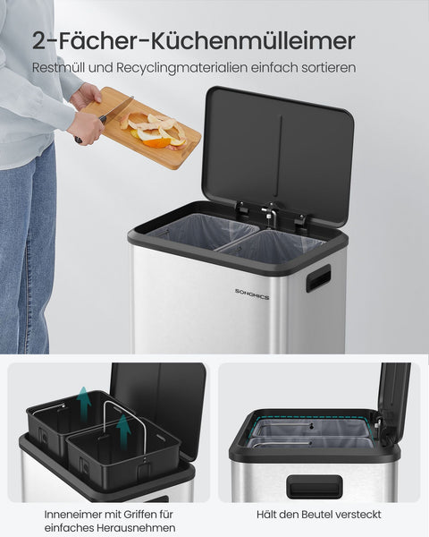 Rootz Steel Trash Can - Kitchen Bin - Garbage Bin - Steel Construction - 41.7cm x 33.2cm x 49.4cm - Metallic Silver - 2 x 15L Capacity