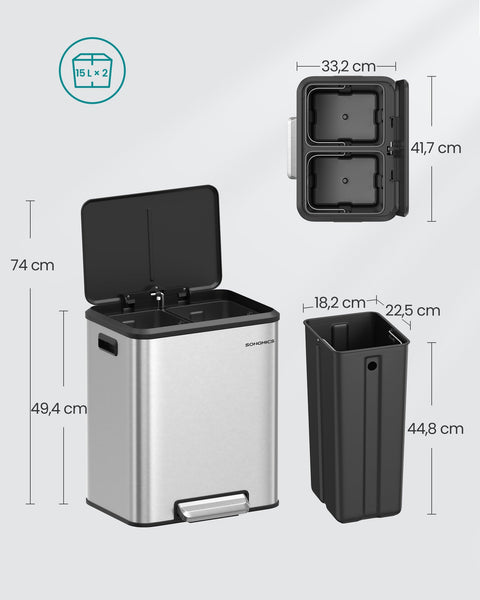 Rootz Steel Trash Can - Kitchen Bin - Garbage Bin - Steel Construction - 41.7cm x 33.2cm x 49.4cm - Metallic Silver - 2 x 15L Capacity