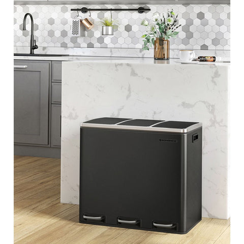 Rootz Triple Compartment Pedal Bin - Waste Container - Trash Can - Residual & Organic Waste - Steel - 61.5cm x 31.5cm x 56cm