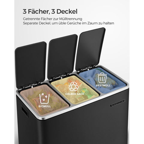 Rootz Triple Compartment Pedal Bin - Waste Container - Trash Can - Residual & Organic Waste - Steel - 61.5cm x 31.5cm x 56cm