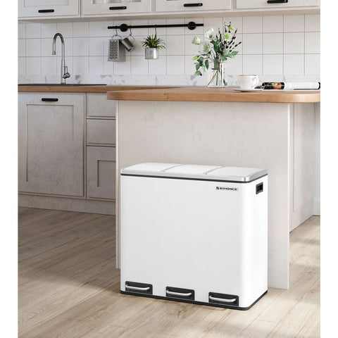 Rootz Pedal Bin Recycling Trash Can - Waste Separator - Step Garbage Bin - White - 61.5cm x 31.5cm x 56cm