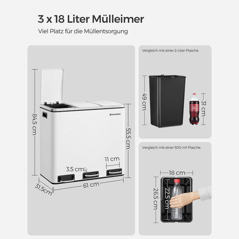 Rootz Pedal Bin Recycling Trash Can - Waste Separator - Step Garbage Bin - White - 61.5cm x 31.5cm x 56cm