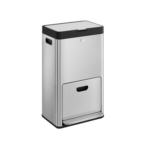 Rootz Dual Compartment Waste Bin - Trash Can - Garbage Bin - Stainless Steel - 45.7cm x 30cm x 76cm - Silver - 60L Volume