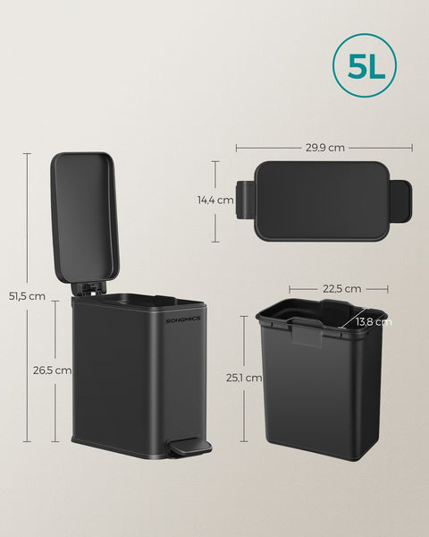 Rootz Steel Cosmetic Bin - Black Color - Pedal Bin - 5 Liter Capacity - 29.9cm x 14.4cm x 29cm - Elegant Design - Eco-Friendly