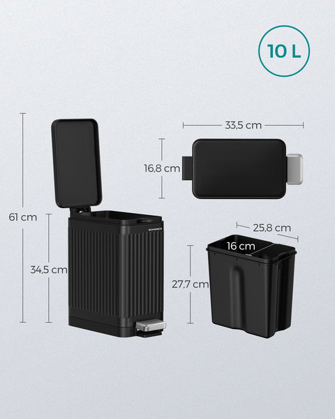 Rootz Steel Cosmetic Bin - Makeup Holder - PP Plastic Bucket - 10 Liter Capacity - 33.5cm x 16.8cm x 34.5cm - Ink Black