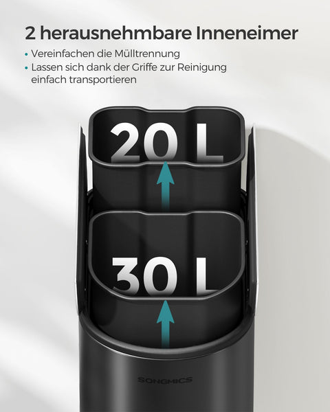 Rootz Waste Separation System 2 Compartments - Recycling Bin - Steel Construction - PVC Inner Liner - 30L and 20L - 49cm x 29cm x 64cm
