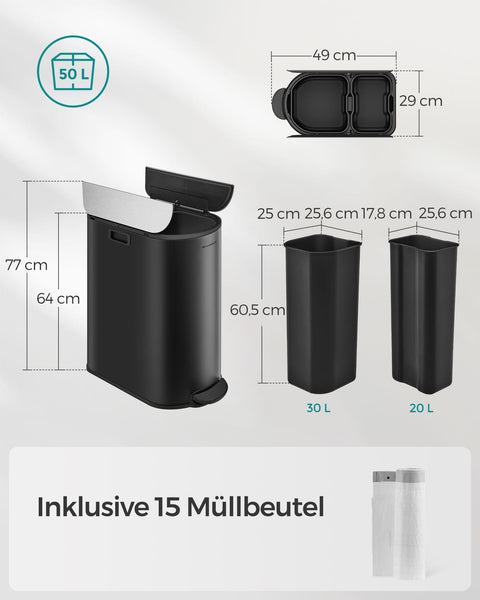 Rootz Waste Separation System 2 Compartments - Recycling Bin - Steel Construction - PVC Inner Liner - 30L and 20L - 49cm x 29cm x 64cm