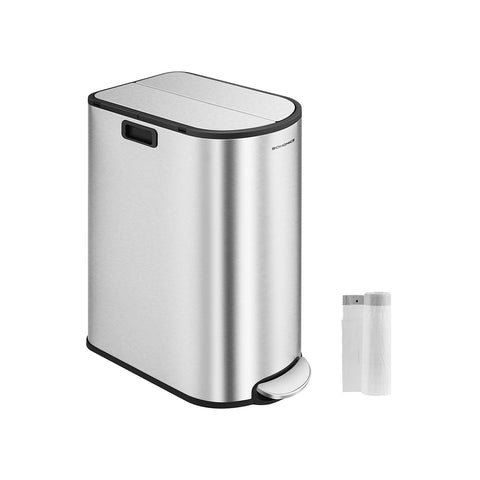 Rootz Metallic Silver Steel Trash Can - Waste Bin - Garbage Can - Foot Pedal - PP Plastic Inner Bucket - 20L & 30L Capacity - 49cm x 29cm x 64cm - 25.6cm x 17.8cm x 60.5cm - 25.6cm x 25cm x 60.5cm - 77cm Total Height - 7.3kg - Cake Bin with 2 Compartments