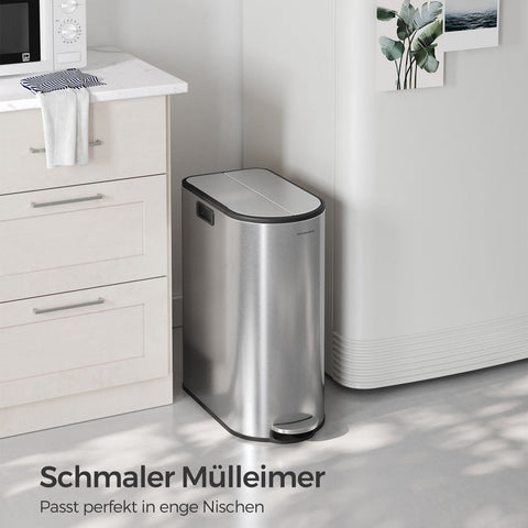 Rootz Metallic Silver Steel Trash Can - Waste Bin - Garbage Can - Foot Pedal - PP Plastic Inner Bucket - 20L & 30L Capacity - 49cm x 29cm x 64cm - 25.6cm x 17.8cm x 60.5cm - 25.6cm x 25cm x 60.5cm - 77cm Total Height - 7.3kg - Cake Bin with 2 Compartments