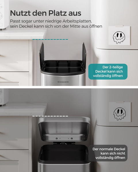 Rootz Metallic Silver Steel Trash Can - Waste Bin - Garbage Can - Foot Pedal - PP Plastic Inner Bucket - 20L & 30L Capacity - 49cm x 29cm x 64cm - 25.6cm x 17.8cm x 60.5cm - 25.6cm x 25cm x 60.5cm - 77cm Total Height - 7.3kg - Cake Bin with 2 Compartments