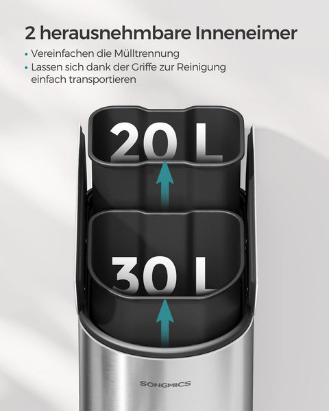 Rootz Metallic Silver Steel Trash Can - Waste Bin - Garbage Can - Foot Pedal - PP Plastic Inner Bucket - 20L & 30L Capacity - 49cm x 29cm x 64cm - 25.6cm x 17.8cm x 60.5cm - 25.6cm x 25cm x 60.5cm - 77cm Total Height - 7.3kg - Cake Bin with 2 Compartments