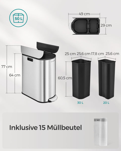 Rootz Metallic Silver Steel Trash Can - Waste Bin - Garbage Can - Foot Pedal - PP Plastic Inner Bucket - 20L & 30L Capacity - 49cm x 29cm x 64cm - 25.6cm x 17.8cm x 60.5cm - 25.6cm x 25cm x 60.5cm - 77cm Total Height - 7.3kg - Cake Bin with 2 Compartments