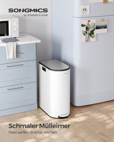 Rootz Steel Trash Can - Waste Bin - Garbage Can - Foot Pedal - Cloud White-Metallic Silver - PP Plastic Inner Bucket - 20L & 30L Capacity - 49cm x 29cm x 64cm - 25.6cm x 17.8cm x 60.5cm - 25.6cm x 25cm x 60.5cm - 7.3kg - Cake Bin with 2 Compartments