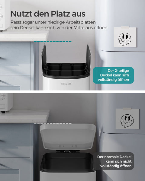 Rootz Steel Trash Can - Waste Bin - Garbage Can - Foot Pedal - Cloud White-Metallic Silver - PP Plastic Inner Bucket - 20L & 30L Capacity - 49cm x 29cm x 64cm - 25.6cm x 17.8cm x 60.5cm - 25.6cm x 25cm x 60.5cm - 7.3kg - Cake Bin with 2 Compartments