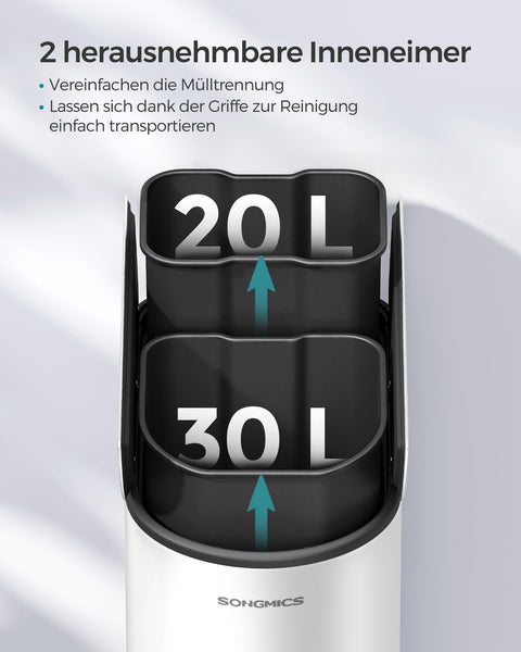 Rootz Steel Trash Can - Waste Bin - Garbage Can - Foot Pedal - Cloud White-Metallic Silver - PP Plastic Inner Bucket - 20L & 30L Capacity - 49cm x 29cm x 64cm - 25.6cm x 17.8cm x 60.5cm - 25.6cm x 25cm x 60.5cm - 7.3kg - Cake Bin with 2 Compartments