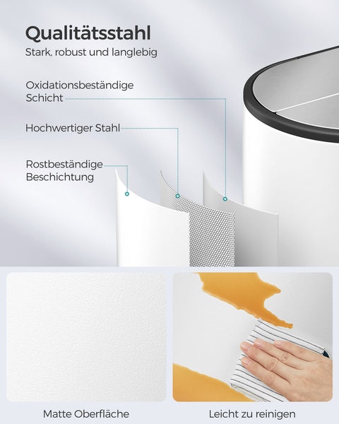 Rootz Steel Trash Can - Waste Bin - Garbage Can - Foot Pedal - Cloud White-Metallic Silver - PP Plastic Inner Bucket - 20L & 30L Capacity - 49cm x 29cm x 64cm - 25.6cm x 17.8cm x 60.5cm - 25.6cm x 25cm x 60.5cm - 7.3kg - Cake Bin with 2 Compartments