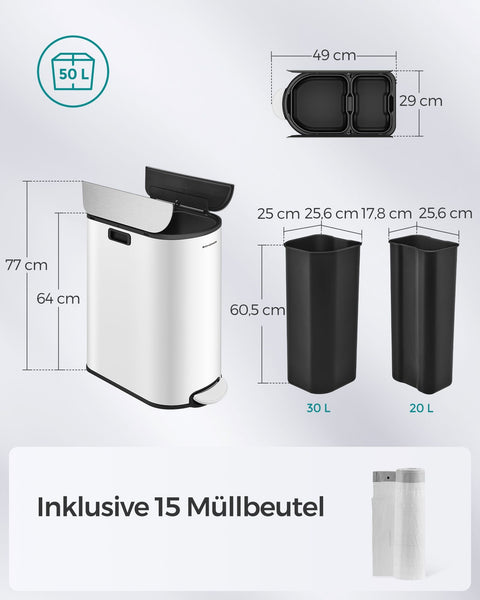 Rootz Steel Trash Can - Waste Bin - Garbage Can - Foot Pedal - Cloud White-Metallic Silver - PP Plastic Inner Bucket - 20L & 30L Capacity - 49cm x 29cm x 64cm - 25.6cm x 17.8cm x 60.5cm - 25.6cm x 25cm x 60.5cm - 7.3kg - Cake Bin with 2 Compartments