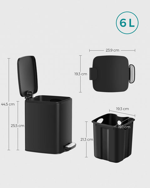 Rootz 6 Liter Black Cosmetic Bin - Makeup Organizer - Waste Basket - Steel Outer Container - PP Plastic Inner Bucket - ABS Plastic Base - 23.9cm x 19.3cm x 25.5cm - 44.5cm Total Height - 19.3cm x 19.1cm x 21.3cm Inner Bucket Size - Lightweight 0.8kg