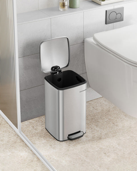 Rootz Metallic Silver Cosmetic Bin - Steel Container - PP Inner Bucket - ABS Base - 23.9cm x 19.3cm x 33.5cm - 8L Capacity