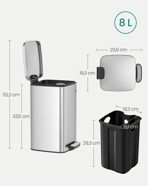 Rootz Metallic Silver Cosmetic Bin - Steel Container - PP Inner Bucket - ABS Base - 23.9cm x 19.3cm x 33.5cm - 8L Capacity