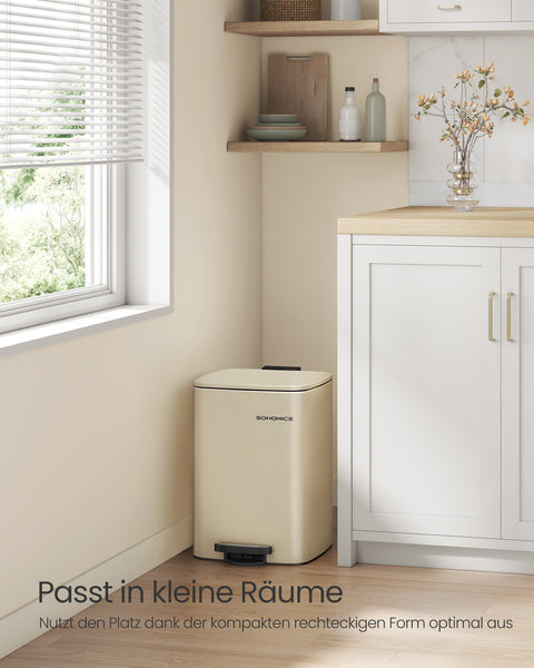 Rootz Beige Steel Trash Can - Garbage Bin - Waste Basket - 20 Liter Capacity - 34cm x 28.5cm x 40.4cm