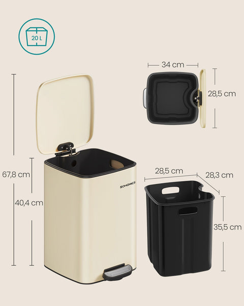 Rootz Beige Steel Trash Can - Garbage Bin - Waste Basket - 20 Liter Capacity - 34cm x 28.5cm x 40.4cm