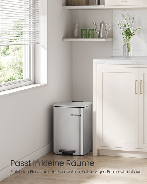 Rootz Steel Trash Can - Garbage Bin - Waste Basket - 20 Liter Capacity - 34cm x 28.5cm x 40.4cm - Metallic Silver - 2.5kg - PP Plastic