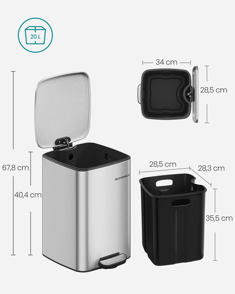 Rootz Steel Trash Can - Garbage Bin - Waste Basket - 20 Liter Capacity - 34cm x 28.5cm x 40.4cm - Metallic Silver - 2.5kg - PP Plastic
