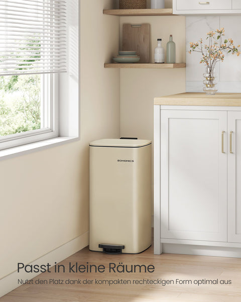 Rootz 30L Trash Can - Sand Beige Bin - Steel PP Plastic - Large Size - Inner Bucket - 34cm x 28.5cm x 54.4cm - 82cm Total Height