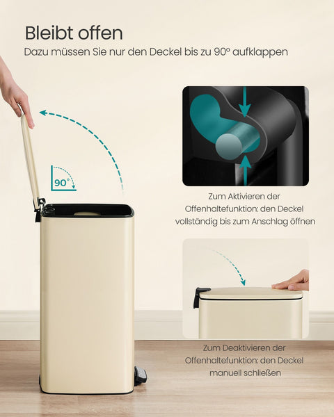 Rootz 30L Trash Can - Sand Beige Bin - Steel PP Plastic - Large Size - Inner Bucket - 34cm x 28.5cm x 54.4cm - 82cm Total Height