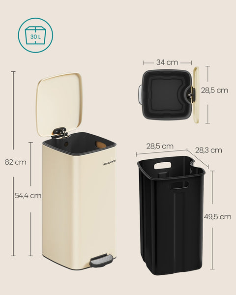 Rootz 30L Trash Can - Sand Beige Bin - Steel PP Plastic - Large Size - Inner Bucket - 34cm x 28.5cm x 54.4cm - 82cm Total Height