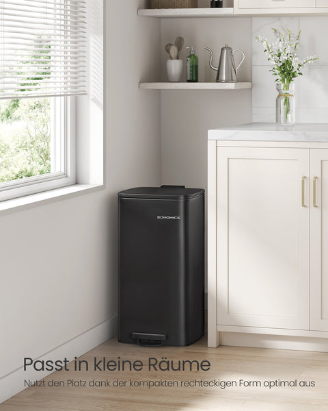 Rootz 30L Ink Black Steel Trash Can - Waste Bin - Garbage Bin - Steel and PP Plastic - 34cm x 28.5cm x 54.4cm - Lid opens to 82cm