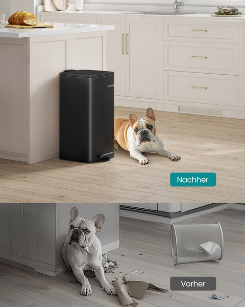 Rootz 30L Ink Black Steel Trash Can - Waste Bin - Garbage Bin - Steel and PP Plastic - 34cm x 28.5cm x 54.4cm - Lid opens to 82cm