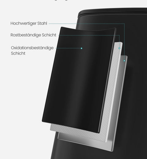 Rootz 30L Ink Black Steel Trash Can - Waste Bin - Garbage Bin - Steel and PP Plastic - 34cm x 28.5cm x 54.4cm - Lid opens to 82cm