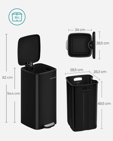 Rootz 30L Ink Black Steel Trash Can - Waste Bin - Garbage Bin - Steel and PP Plastic - 34cm x 28.5cm x 54.4cm - Lid opens to 82cm